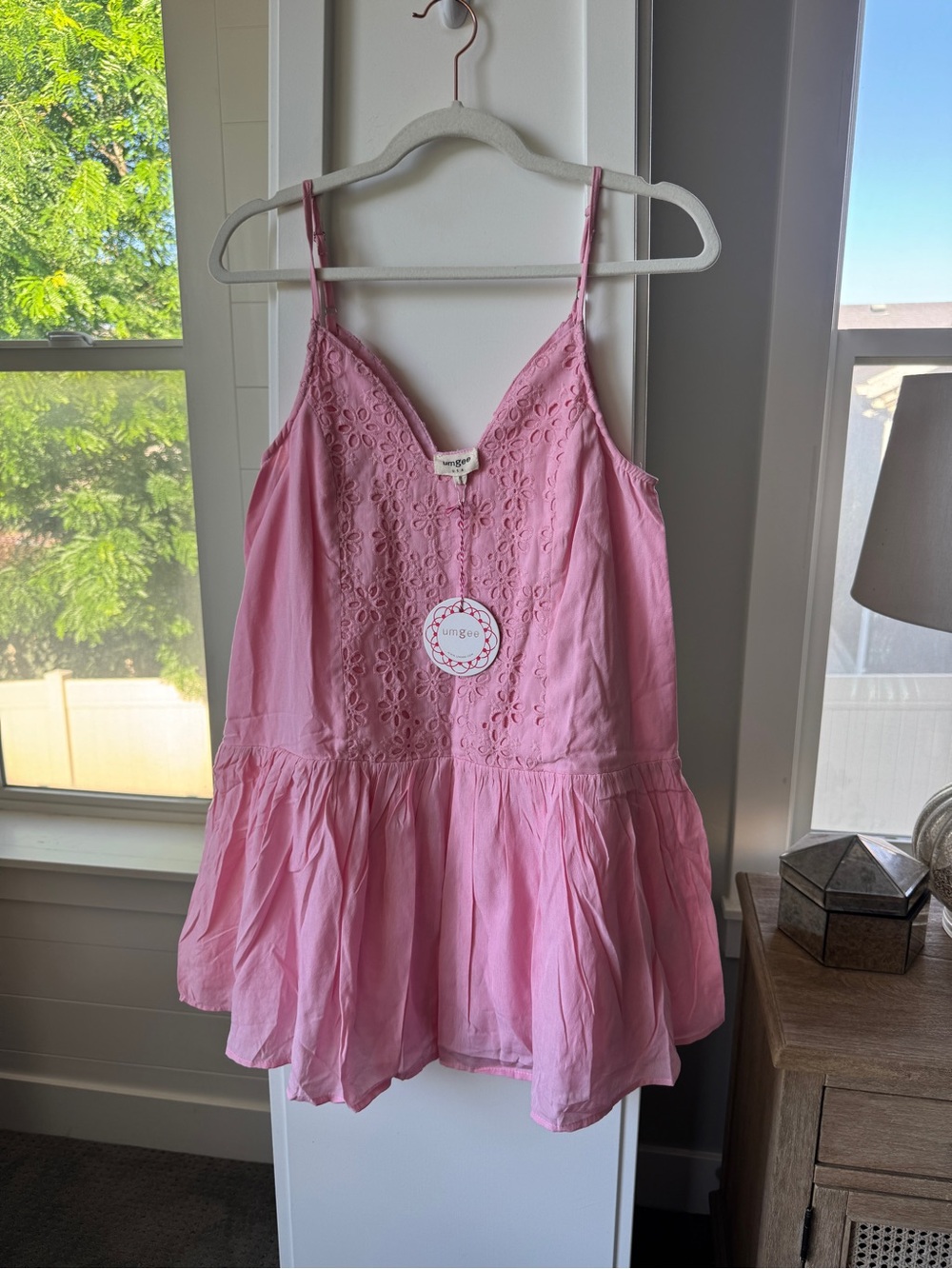 Umgee Pink Eyelet Embroidered Babydoll Mini Dress NWT Size Small